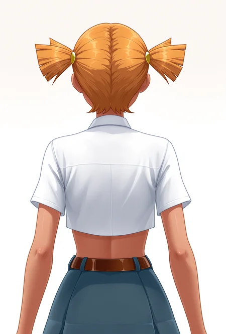 masterpiece, best_quality, amazing_quality, AliceES, 1girl, short_hair, short_twintails, facing_away, white_shirt, short_sleeves, crop_top, brown_belt, blue_skirt, dark_skin, standing, from_behind, simple_background, white_background, <lora:Alice_ES_V1(IL):0.8>