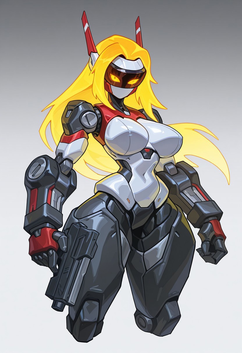 reagan_long, solo, 1girl, large breasts, robot_girl, robot visor, gun_arm, large robotic arms, large robotic hands, large robotic legs, large robotic feet, robot shoulders, robot armor, metalic skin, glowing hair, long hair, glowing eyes, robot antenna ears, cowboy_shot, cropped legs