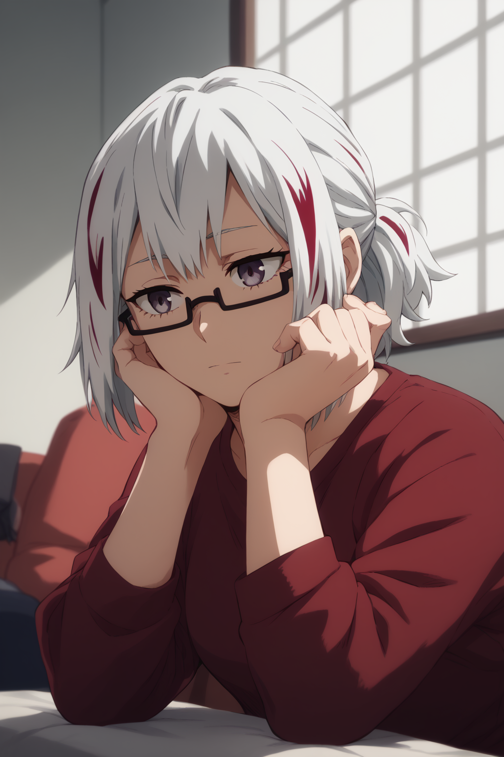 <lora:SlimesFuyumi-000003:1>, score_9, score_8_up, score_7_up, slimes_fuyumi, white hair with red highlights, glasses, dining room background