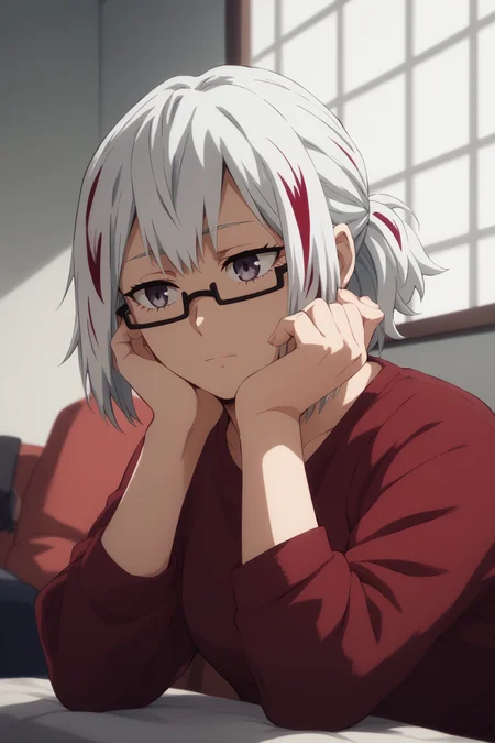 <lora:SlimesFuyumi-000003:1>, score_9, score_8_up, score_7_up, slimes_fuyumi, white hair with red highlights, glasses, dining room background