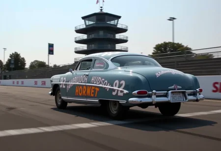 This is the Hudson Hornet, an American passenger car manufactured in 1951.from side.A panning shot of a car racing around a circuit.moment it crosses the finish line.The control tower and other elements of the background are blurred.<lora:hudson-hornet:0.8>,