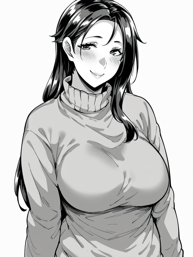 score_9, score_8_up, score_7_up,  
1girl, monochrome, mature female, long hair, black hair, sweater, long sleeves, turtleneck, standing, white background, smile, closed mouth, blush, looking at viewer,