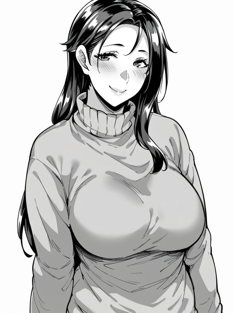 score_9, score_8_up, score_7_up,
1girl, monochrome, mature female, long hair, black hair, sweater, long sleeves, turtleneck, standing, white background, smile, closed mouth, blush, looking at viewer,