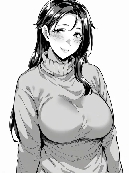score_9, score_8_up, score_7_up,
1girl, monochrome, mature female, long hair, black hair, sweater, long sleeves, turtleneck, standing, white background, smile, closed mouth, blush, looking at viewer,