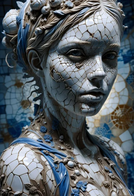 Close-up porcelain face, mysterious silhouette of a porcelain woman in worn down porcelain clothing, white and blue porcelain, alluring goddess, by Minjae Lee, Carne Griffiths, Emily Kell, Steve McCurry, Geoffroy Thoorens, Aaron Horkey, Jordan Grimmer, Greg Rutkowski, amazing depth, double exposure, surreal, geometric patterns, intricately detailed, bokeh, perfect balanced, deep fine borders, artistic photorealism , smooth, great masterwork by Suiras <lora:add-detail-xl:2> <lora:Double_Exposure:0.5>