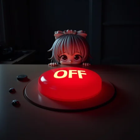 extreme close up of big red button with chibi maid peeking over the edge of the table, dark office, red glow, button says "OFF"