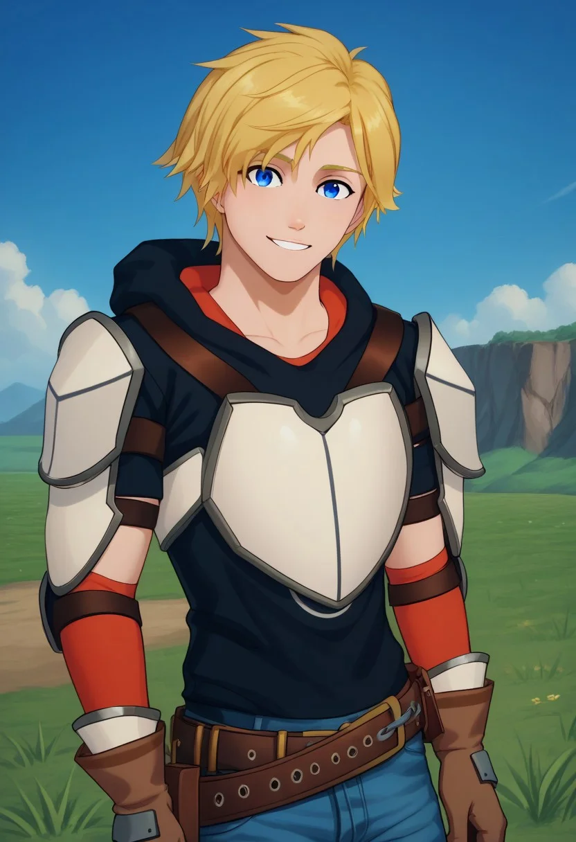 score_9, score_8_up, score_7_up, highly detailed,
jaune, 1boy, male focus, solo, blonde hair, blue eyes, gloves, pants, jeans, denim, brown gloves, smile, armor, belt, blue pants, upper body, shoulder armor, shoulder pads, breastplate, looking at viewer, hoodie, hood,
outdoor, sky,