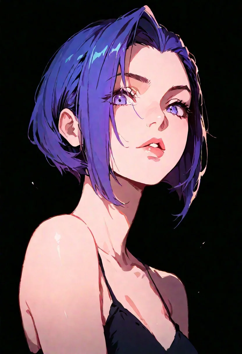 1girl, jinx (league_of_legends), lips, thin lips, parted lips, solo, looking at viewer, camisole, upper body, dark, underlightling, masterpiece, best quality, very aesthetic, purple hair, bob haircut,