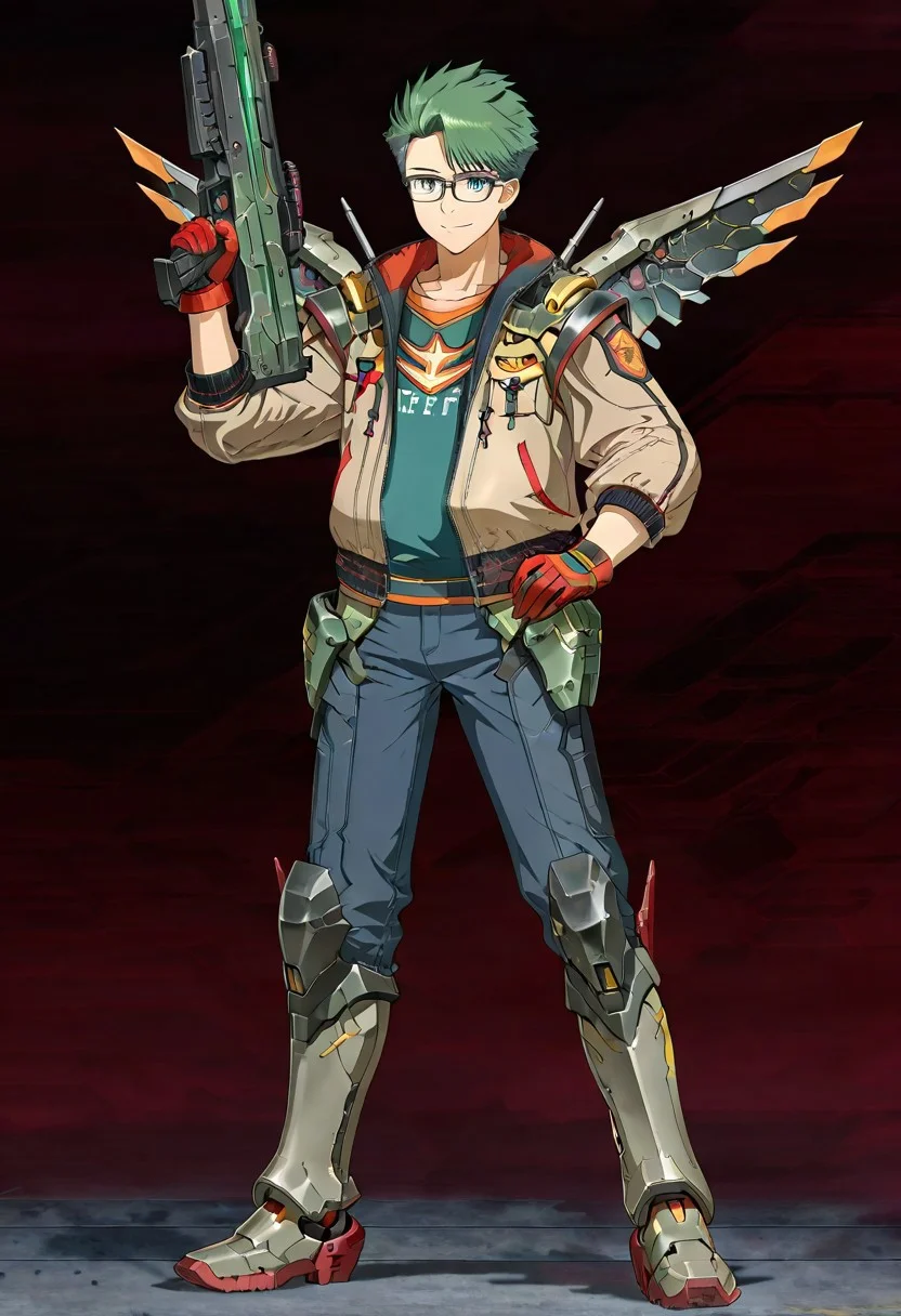 gb4_tao, green hair, short hair, grey eyes, 1boy, solo, male focus, glasses, lean body, wear mecha armor with eagle mecha wings, purple mecha armor theme, fly toward the viewer, fight pose, high quality, armaments equipped in the armor, score_9, futuristic city in the background, BREAK, his right hand is holding beam rifle, high quality, best quality, masterpiece, detailed draw,detailed eyes, detailed face