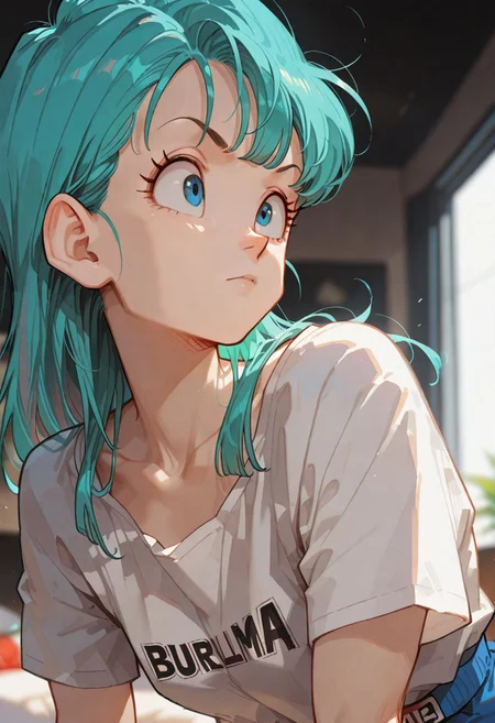 masterpiece, ultra-HD, cinematic lighting, impressionism (1.5), high detail, depth of field, (blurred background), (dramatic lighting),masterpiece, best quality, very aesthetic,8k,masterpiece, best quality, masterpiece, best quality, 8k, 
bulma, aqua hair, blue eyes,outfit_garlicjr, long hair, white shirt, clothes writing, collarbone,
simple_background,  half close-up, sexy pose,
((slim body)), (small breasts), Dynamic angle, Dynamic pose, portrait,