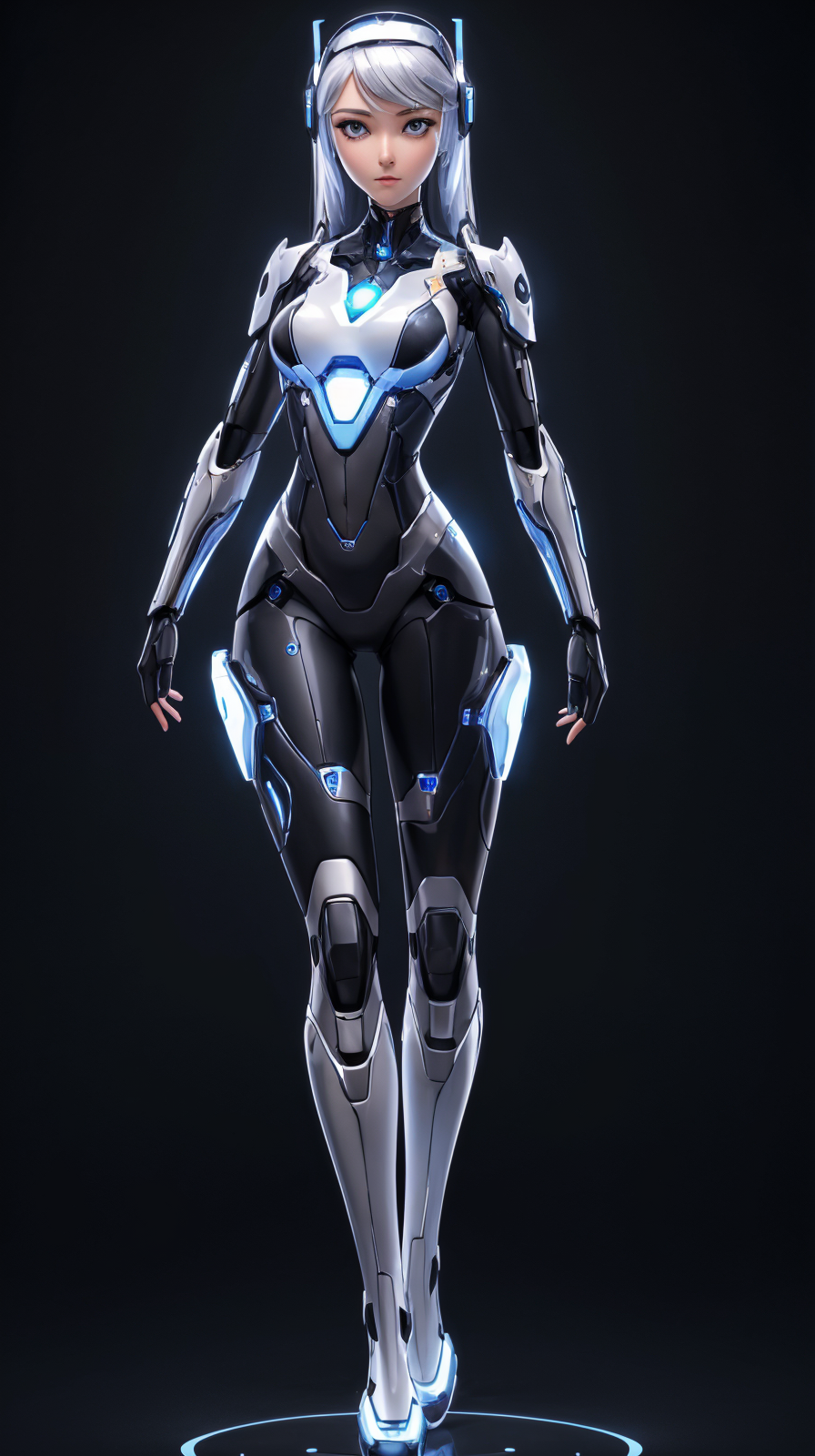 <lora:53XY-Gynoid:1>, (gynoid, broken, inner workings),  silver anodized metal body, glass visors, (full body shot:1.1),  (posing sexy), clean scene, simple background, black background