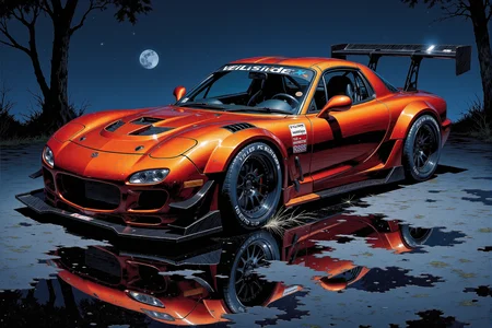 This dynamic portrayal of a (from above view:1.3) of a modified Mazda RX-7 showcases the sleek, moonlit aggressive aesthetics of the VeilSide body kit, with every detail radiating power and precision, in the dark dim midnight. The carâs aerodynamic silhouette is finished in a lustrous candy red, rich with fiery orange undertones, layered with chrome-like undertone under a polished, mirror-like surface, creating bright glints, enhancing its bold, fiery reflective presence. The front end features a wide, open grille and sculpted air intakes, emphasizing a high-performance, track-ready look, while sharp lines and vented hood cuts lend a sense of motion even at a standstill. Flared wheel arches wrap tightly around the custom Vossen VFS-1 Black Satin rims, whose intricate spokes add a touch of elegance to the overall muscular form, low profile tires with bold white text "TOYO TIRES R888". The rear is marked by an oversized carbon-fiber wing, solidly mounted for maximum downforce, adding a visual balance to the extended side skirts and front splitters. Racing decals on the side panels subtly accentuate the car's competitive nature, while the reflection on the glossy surface below echoes the carâs vivid colors and aggressive stance, amplifying its presence, black windshield decal with bold white text "VeilSide" in a style of VeilSide logo. The sharp detailing, high contrast, and vibrant color palette evoke a hyper-realistic digital rendering style, capturing the spirit of Japanese tuning culture and high-speed automotive art.
<lora:Comic book V2:1.1> Comic book style. <lora:RX7:0.8>