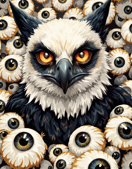 Creative digital art with excellent composition and colors of a stunning digital artwork comes to life as the viewer gazes intently at the intricate details of an intriguing character. The background is adorned with elegant Osprey Eyes,each one perfectly aligned and decorated in shades of gold and silver. The overall effect is both melancholic and captivating,inviting the viewer to lose themselves in its beauty and complexity. Spring,Awe,Psytrance Art,One Color,complex,surreal,ambient illumination,perfect composition,