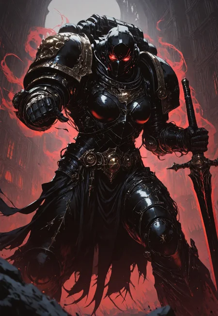 masterpiece, best quality, high quality, 
newest, highres, 8K,HDR,
absurdres, 

dynamic angle, 
realistic, 

1girl, 
BlackT40k, 
power armor, 
long hair, 
weapon, 
glowing eyes, 
dark fantasy, 
holding sword, 
floating, 
ethereal aura, 
red and black color scheme, 
armored gauntlets, 
golden ornaments, 
looking at viewer, 
battle stance, 
supernatural energy, 
shadowy background, 

gothic architecture, 
dynamic pose, 
dramatic lighting, 

detailed background, 
depth of field, 
foreshortening, 
detailed background, 
dynamic pose, 
dynamic composition,
dutch angle, 
foreshortening,
blurry edges, 
<lora:ILLIronW40k:1>