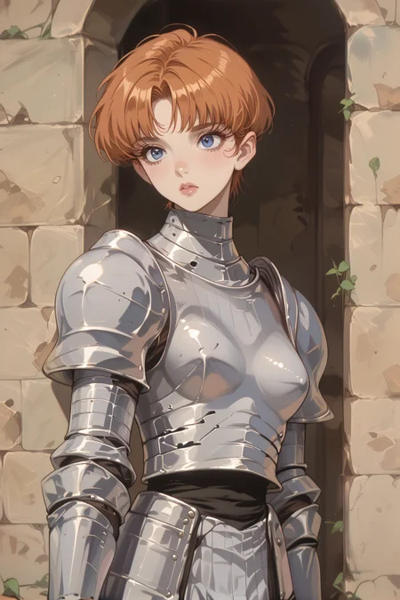 solo, 1girl, darceFH, knight, steel armor, breastplate, orange hair, bangs, blue eyes, <lora:darceFH:0.9>, <lora:OldAnimeStyle_XL_v3:0.7> Vintage, 1990s \(style\), standing, score_9, score_8_up, score_7_up, score_6_up