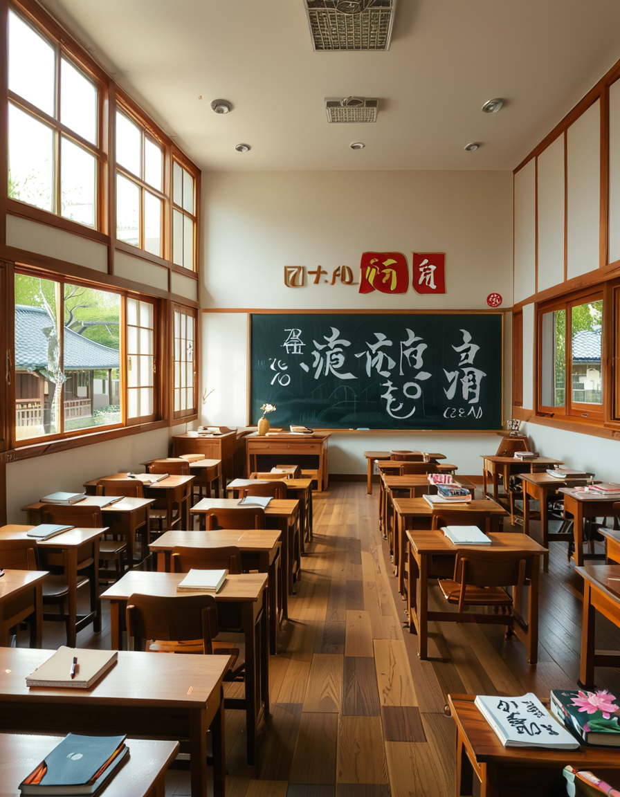 A traditional Japanese classroom during daytime, filled with wooden desks and chairs neatly arranged in rows. Large windows on one side let in natural light, showing a view of cherry blossom trees outside. The room has a chalkboard at the front with neatly written Japanese characters, and a teacher's desk with books and stationery. Educational posters with kanji and hiragana hang on the walls, alongside a clock above the board. The floor is polished wood, reflecting the soft sunlight. The atmosphere is calm and orderly, evoking a nostalgic and warm feeling. The image is highly detailed, realistic, and well-lit, capturing the traditional Japanese school environment.
<lora:SDXLFaeTastic2400:0.4> <lora:extremely_detailed:0.4> extremely detailed, <lora:Japanese_cl4ssr00m:1>,Japanese cl4ssr00m, Masterpiece,best quality,hi res,8k,hi res,8k,award winning,(sharp focus, intricate, highly detailed),