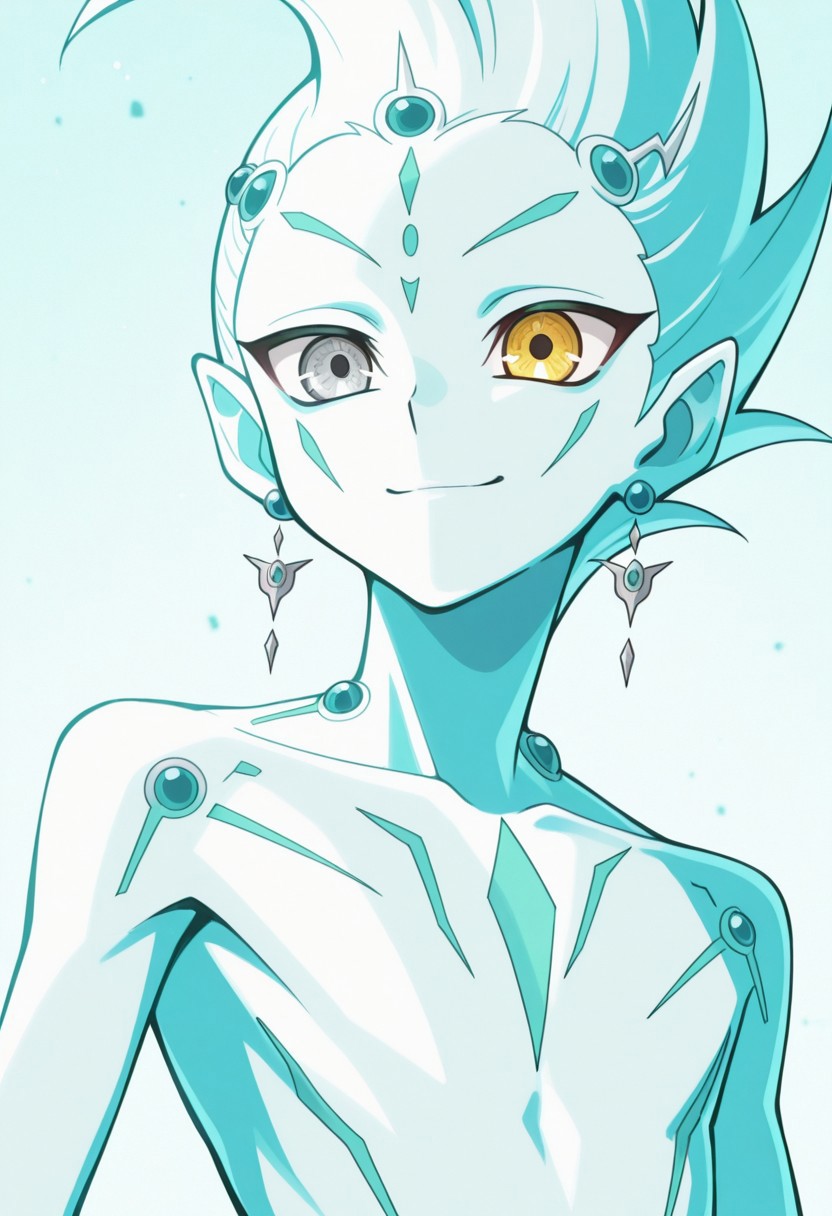 masterpiece,best quality,amazing quality, source_anime, 
astralzx, 1boy, male focus, solo, blue skin, spiked hair, pointy ears, earrings, heterocromia, grey eyes, yellow eyes, upper body, aqua theme, smile,