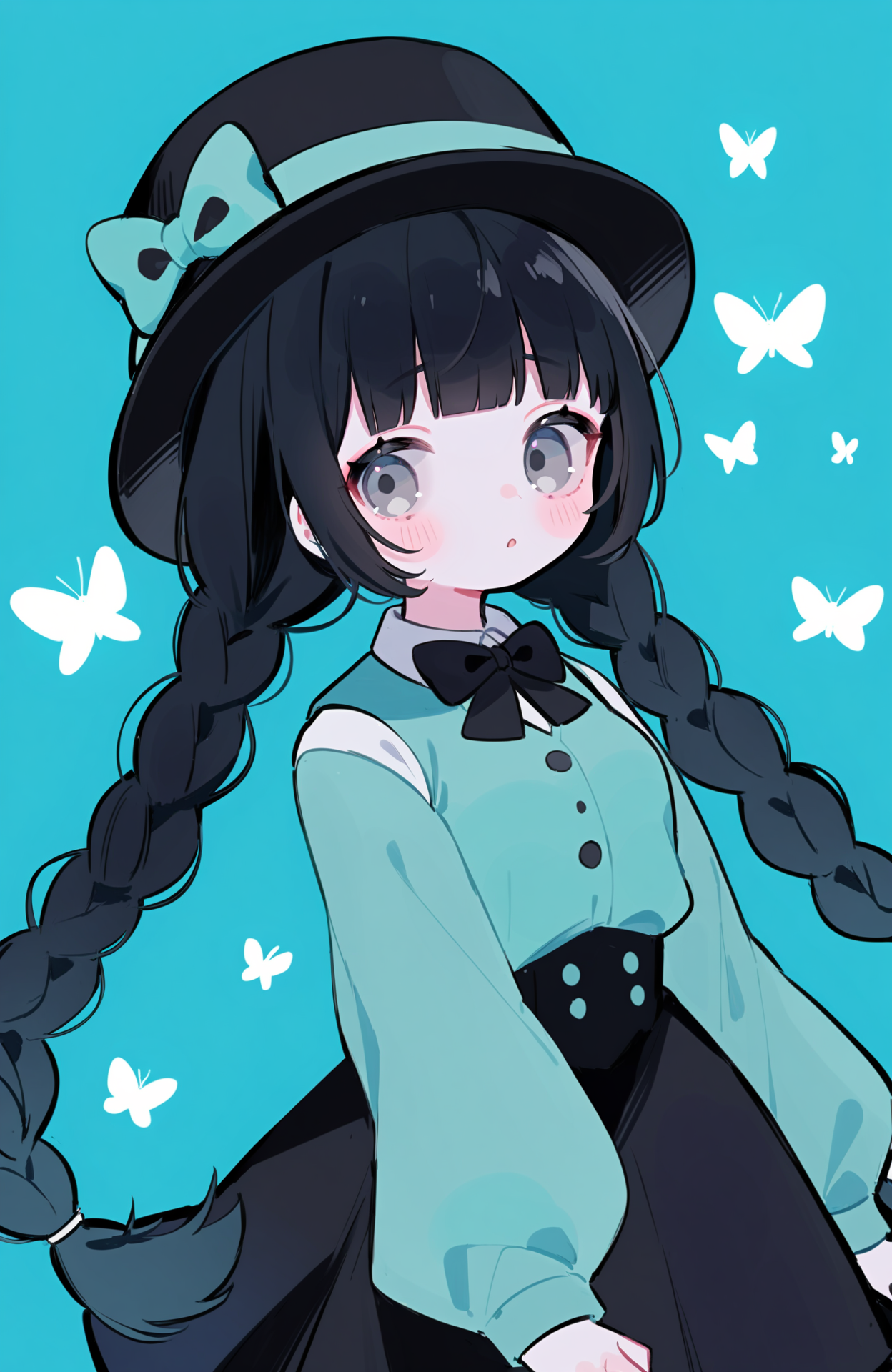 1girl,solo,long hair,hat,bow,bug,long sleeves,twin braids,blunt bangs,butterfly,hair bow,skirt,shirt,looking at viewer,grey eyes,braid,black headwear,black skirt,multiple hair bows,aqua background,blush,black bow,vest,very long hair,aqua theme,black hair,dress,blue background,buttons,
<lora:Lovely-000036:0.6>,