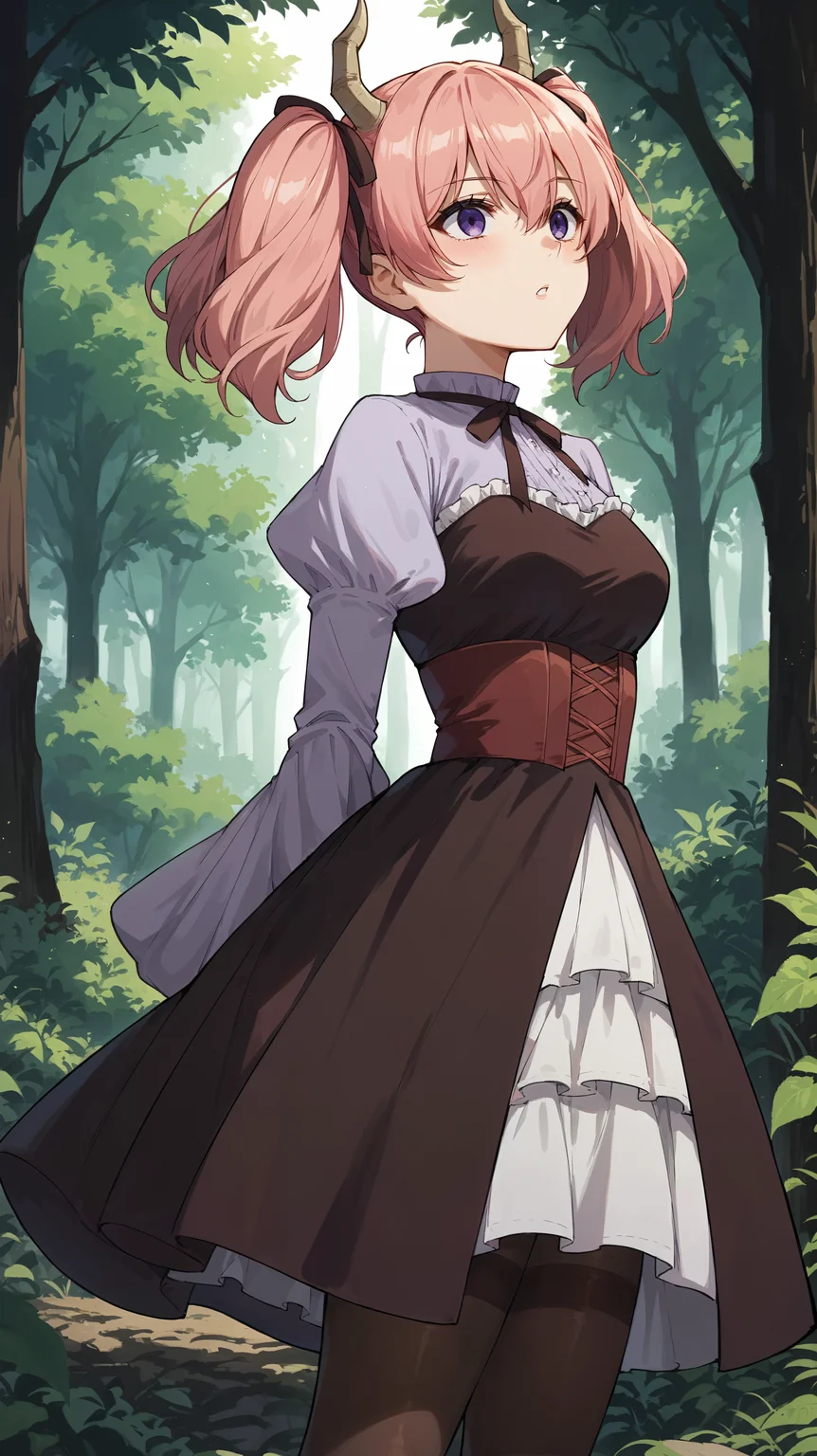 score_9,score_8_up,score_7_up,score_6_up, <lora:xl_more_art-full_v1:0.5>, source_anime, girl, dynamic pose, one arm behind her back, <lora:Linie - Pony-000004:0.8>, pink hair, twintails, horns, purple eyes, black hair ribbons, light purple shirt, puffy sleeves, wide sleeves, black ribbon, frills, black dress, red corset, layered dress, pantyhose, forest, light rays, foliage,