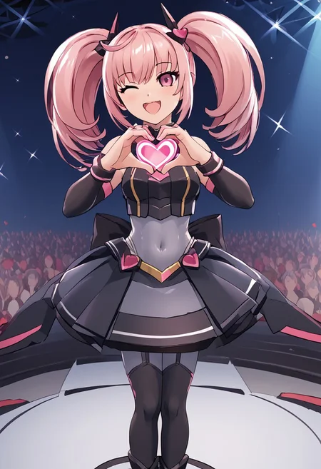 score_4,score_5,score_6,score_7_up,score_8_up,score_9
((masterpiece,best quality,ultra detailed,highres,HD,4k:1.2)),
1 cute girl,girl forcus,
full body,long hair,twintail,pink hair,pink eyes,Black conjunctiva,
elbow gloves,covered navel,body suit,skirt,boot,black knee socks,
stage,idol stage,((Make a heart symbol with both hands, heart with both hands,heart hands,heart symbol)), looking at the audience,
happy, smile, open mouth,wink,JSK Studio