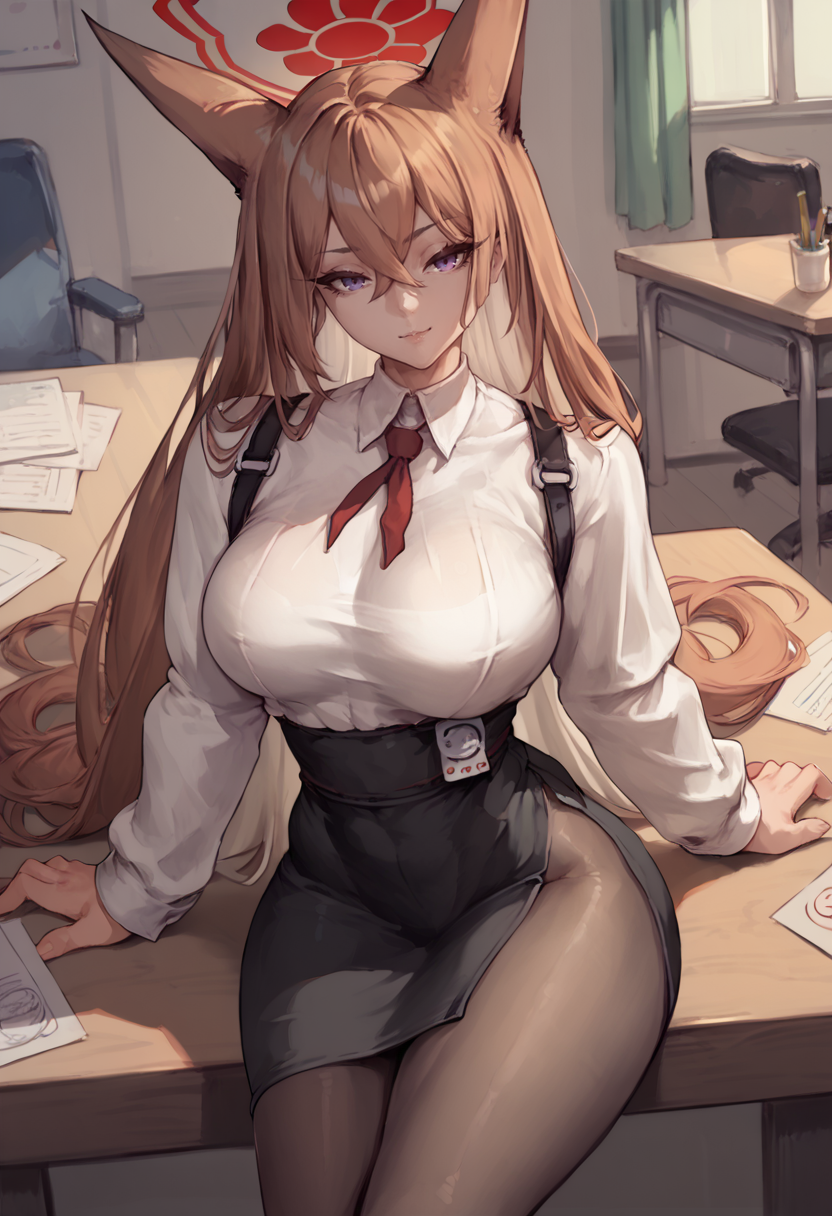 score_9, score_8_up, score_7_up, solo, 1girl, rumi akeshiro, seductive smile, looking at viewer, sitting on table, animal ears, red halo, white shirt, collared shirt, long sleeves, black skirt, pencil skirt, black pantyhose, large breasts, indoors, office <lora:ba_akeshirorumi_ponyXL:1>