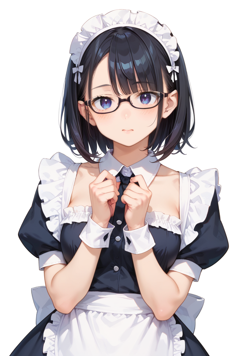 score_9, score_8_up, score_7_up, rating_safe, masterpiece, best quality, absurdres, unity 8k wallpaper, official art, official style, source_anime, uncensored, game cg, megami magazine,
1girl, solo, black hair, medium hair, upper body, covered eyes,maid, maid headdress, black dress, maid apron, face focus,
underrim_cell, glasses, still life, white background, simple background, under-rim eyewear, black-framed eyewear, 
 <lora:glasses_underRimCell_PONY_V1:1>