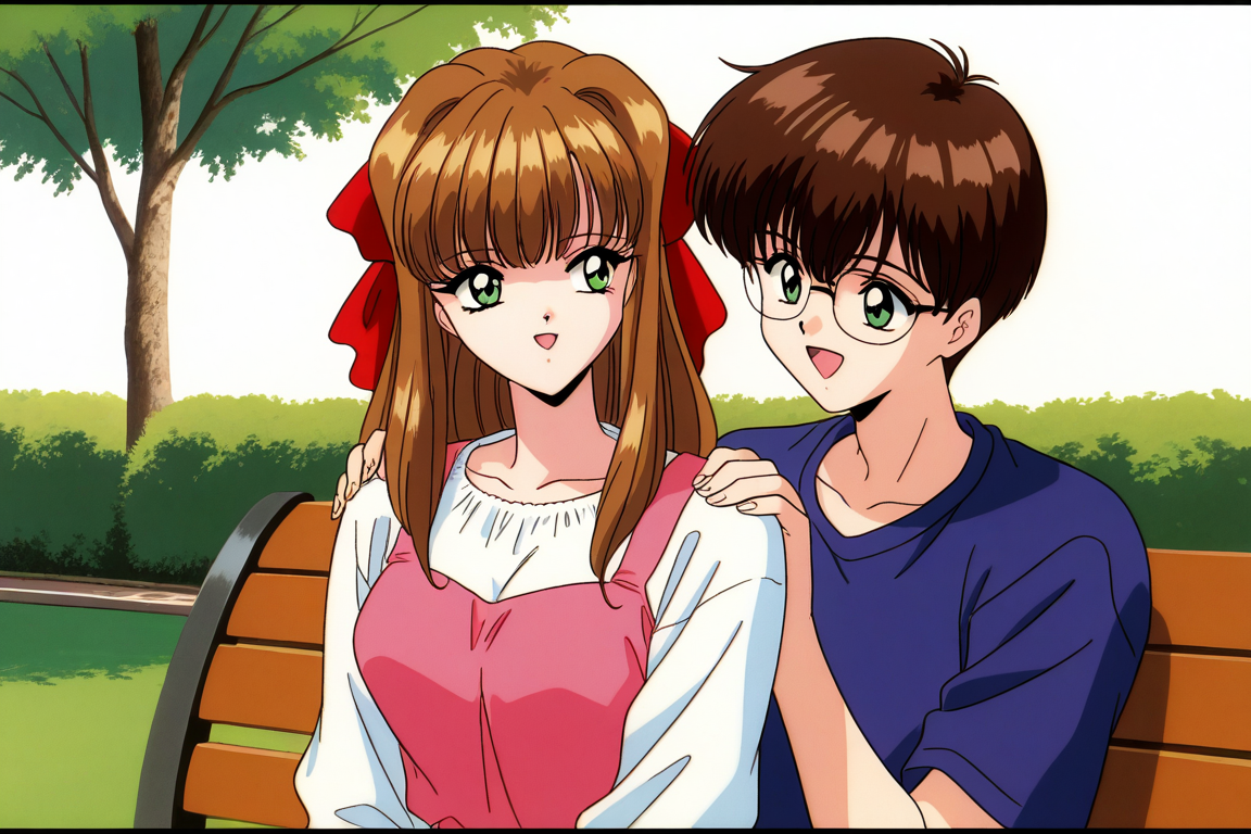 general,highres, ultra-detailed,very aesthetic,best quality ,best hands,  BREAK <lora:Imouto_SG_IS:1> Imouto_SG, brown hair, long hair, hair bow, green eyes, red bow, bangs, breasts,
 1girl, 1boy, glasses,  short hair, smile, retro artstyle, pillarboxed, open mouth, brother and sister, 
park, bench,