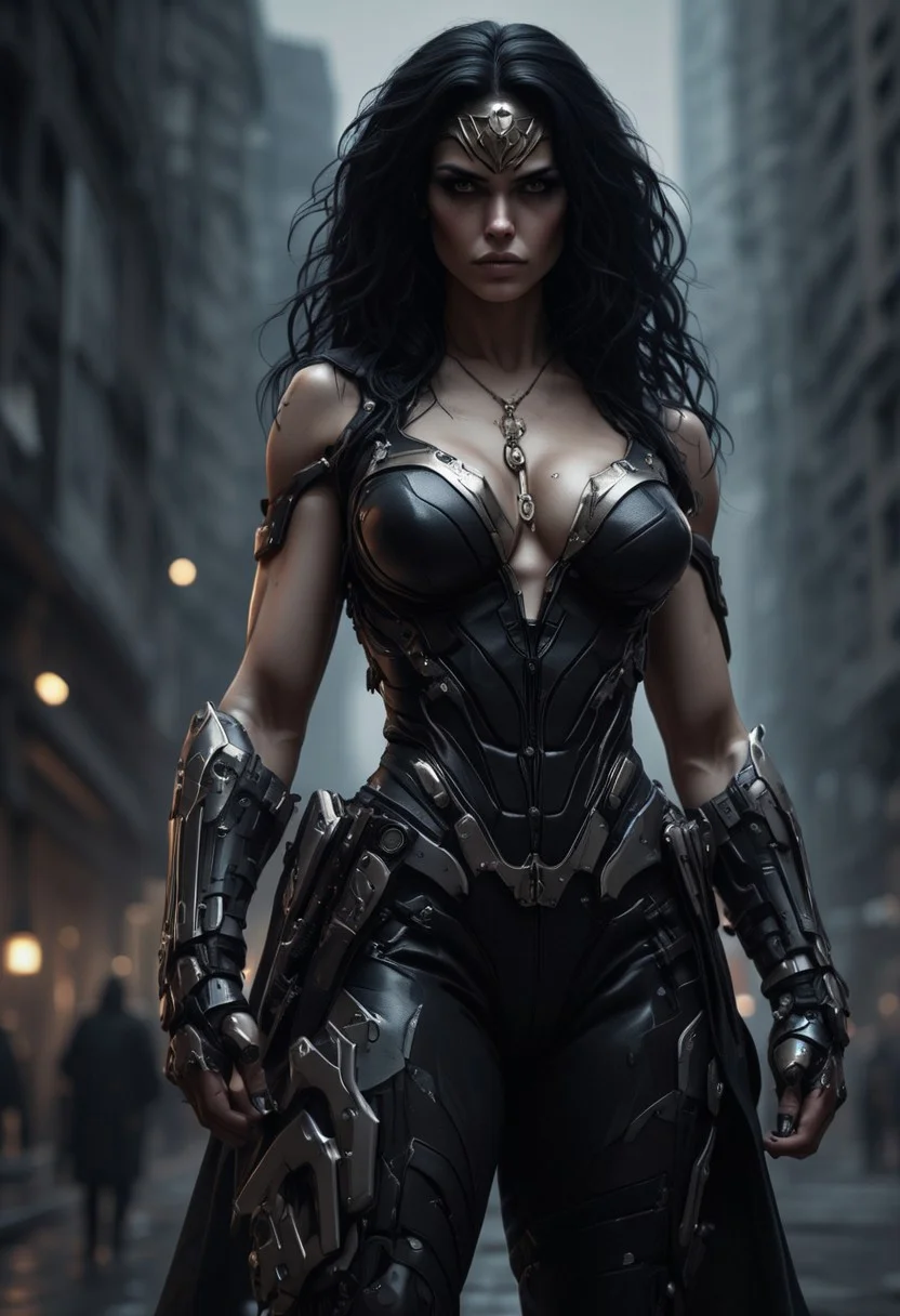 Low angle camera view, from Below looking up and at a distance, The horizon very low in the image, Photo realism, GothWW, Facing forward in a Dynamic combat pose, skin texture style, Very Muscular body type, Goth Wonder Woman, Photo Quality Goth Female Face, Goth Girl style, Diana Prince, Very Large Black Curly Hair, Perfect Hands, Very Pale skin, Huge Breasts with Low V Cut showing Cleavage and covered Nipples, Big curvy Hips, Thick Thighs and big round ass, very Muscular body type, Angry facial expression style, High details face with Goth style Makeup, High detailed Eyes, Full Body view, wearing Leather, Exosuit, Extremely Low V cut top, futuristic, Black with silver Trim Exosuit, Heavy Mech, Dutch Angle Pose, futuristic Perfect hand, Heavy Mech, Robot, Full body, Ready to strike, futuristic, (off-center composition, left aligned, Portrait), Detailed hand, battle-worn, Gothic Neon Cyberpunk Night City Cityscape Background, cinematic film still glamorous photo dark art by Rafael Zabaleta, expressionism art by Asger Jorn, vibrant, Abstract expressionism, experimental painting techniques, bold bright colors, dynamic compositions, Expressionism, emotive brushwork, brilliant tones, dramatic lighting, introspective themes. high fashion, luxurious, extravagant, stylish, sensual, opulent, elegant, stunning beauty, professional, high contrast, detailed. shallow depth of field, vignette, highly detailed, high budget, bokeh, cinemascope, moody, epic, gorgeous, film grain, grainy