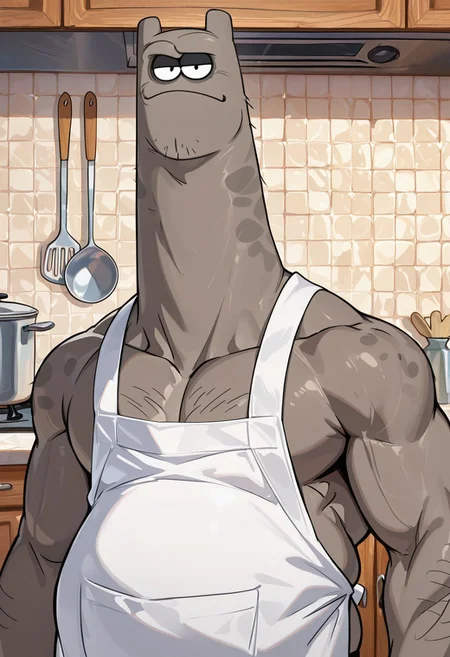 masterpiece, best quality, amazing quality, very aesthetic, absurdres, newest, high quality, detailed, Shnitzel, mature male, black eyes, chubby, muscle gut, grayish brown body, muscular male, cartoon style, anthro, bottom heavy, white apron, looking at viewer, bust shot, kitchen, high quality, half body
