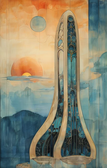 masterpiece,best quality,<lora:tbh309-sdxl:0.9>,illustration,designed by Victor Horta, Futuristic skyscraper with organic shapes, inspired by Zaha Hadid, gleaming under a sunset sky
