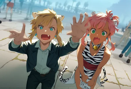 score_9, score_8_up, score_7_up, score_6_up, Masterpiece, source_anime screenshot, 1 girl, vivid colors, full color, shiny and glossy, anime style, high-res, beautiful aesthetic, very intricate, high-quality details, vibrant, highly detailed, award-winning, professional, <lora:pink-ponyxl-v2:1>, single fang showing, sleeveless dress, white tiger print dress, pelvic curtain, cleavage, white cat ears, cat bell necklace, bright pink hair, tanned, white tiger tail, red sash, small breasts, leather shoes, detailed eyes, green eyes, detailed face, break, <lora:link:1> link1, link, pointy ears, blonde hair, blue eyes, medium hair, side locks, earrings, short ponytail, blue hylian tunic, break, pink and link protesting, pink and link shouting, holding protest signs high above their heads, link's sign says save the snails, pink's sign says down with socks, whimsical, funny, front view, blurred background, dutch angle, close up, cowboy shot