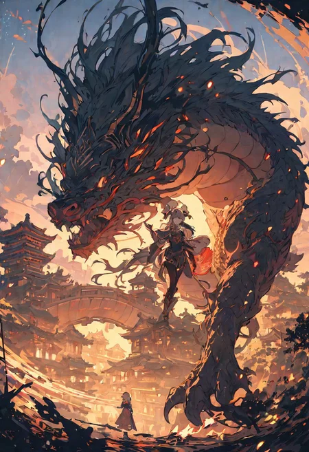 ((masterpiece, best quality, extremely detailed, absurdres)),(fantasic illustration, dynamic lighting), flying above a futuristic Chinese village lit by jade fires, 1girl, artistic use of contrasting colours and brightness, beautiful face, (guarded by a Chinese dragon made of smoke:1.2), two broken moons can be seen in the sky, fullbody, dress, <lora:flat2:-1.8>, 8k, very fine detail, cinematic composition and lighting, gold leaf highlights