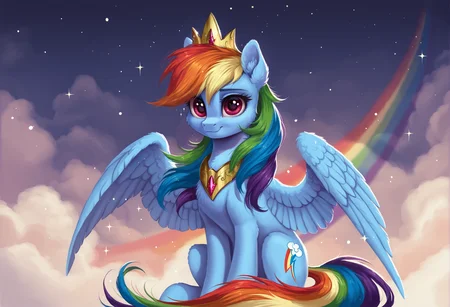 score_9, score_8_up, score_7_up, score_6_up, score_5_up, score_4_up, rating_safe, rainbow dash, female, mare, pegasus, pony, solo, chest fluff, crown, cute, eyelashes, jewelry, sitting, sparkles, tail, wings, regalia, princess rainbow dash, ear fluff, dashabetes, spread wings, cheek fluff, g4, detailed, beautiful, <lora:Wholesome-MLP-v1.4b:1>