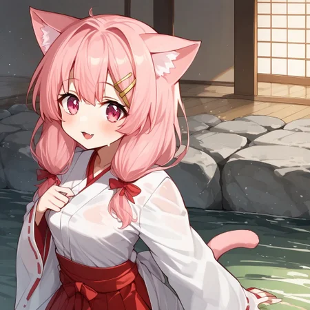 Aomokoka Style,nochekaisershot,
1girl,japanese clothes, hairclip, wide sleeves, ribbon trim, long sleeves, hakama skirt, miko, sleeves past wrists, red hakama, white kimono, tabi, ribbon-trimmed sleeves, pinching sleeves,yuika3,cat ears,Expressiveh,nochekaisershot,pink hair,solo,pink eyes