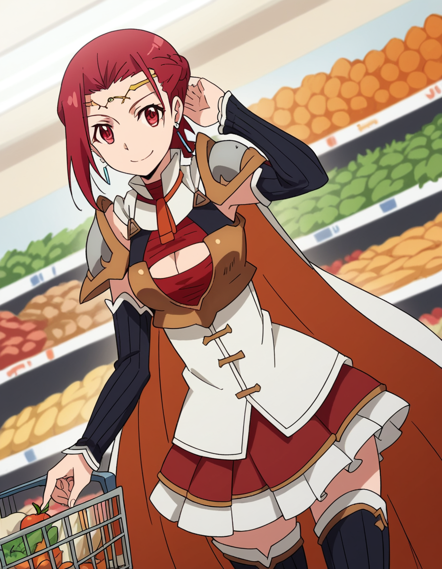 score_9, score_8_up, score_7_up, source_anime, <lora:pina-co-lada-s1s2-ponyxl-lora-nochekaiser:1>, pina co lada, short hair, red eyes, red hair, braid, single braid, braided ponytail, medium breasts,, skirt, thighhighs, cleavage, jewelry, earrings, detached sleeves, cape, armor, cleavage cutout, circlet,, grocery store, shopping cart, picking fruits, everyday life, , smile, , hand behind head, , solo,, cowboy shot, dutch angle
