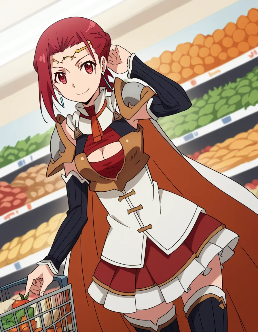 score_9, score_8_up, score_7_up, source_anime, <lora:pina-co-lada-s1s2-ponyxl-lora-nochekaiser:1>, pina co lada, short hair, red eyes, red hair, braid, single braid, braided ponytail, medium breasts,, skirt, thighhighs, cleavage, jewelry, earrings, detached sleeves, cape, armor, cleavage cutout, circlet,, grocery store, shopping cart, picking fruits, everyday life, , smile, , hand behind head, , solo,, cowboy shot, dutch angle