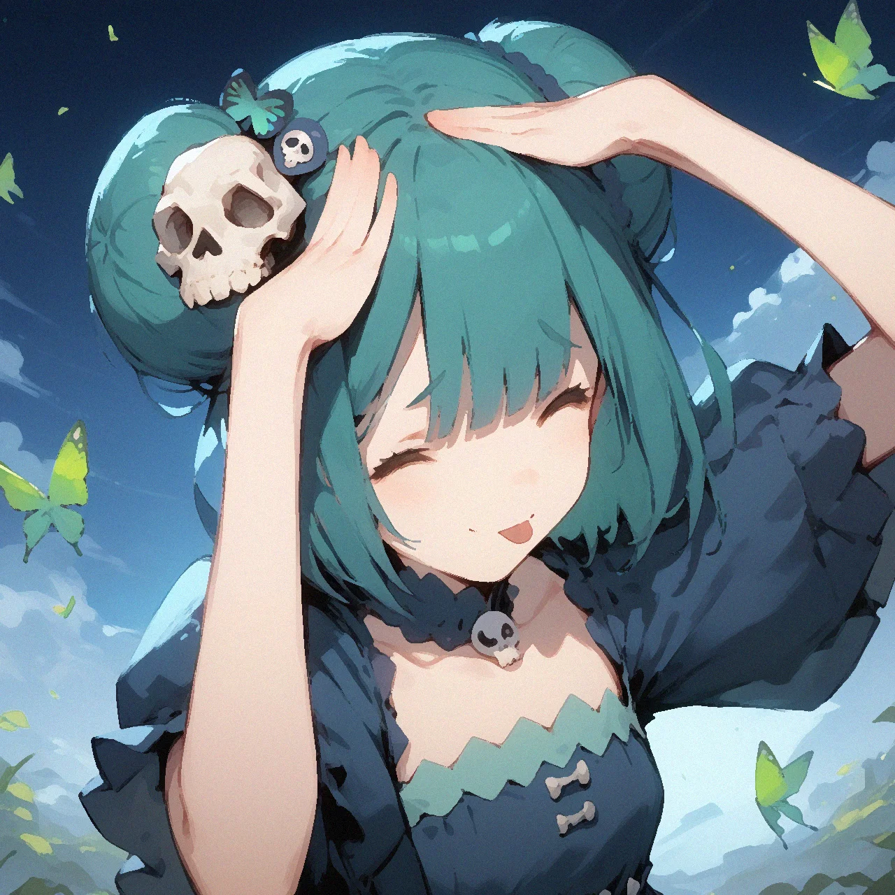 <lora:merrytail_bleh_v01_ponyDiffusionV6XL-09:1>, score_9, score_8_up, score_7_up, closed eyes, tongue out, hands on own head, smile, upper body, 1girl, uruha rushia, green hair, blue dress, double bun, short hair, flat chest, blue dress, skull hair ornament, green butterfly, night sky,