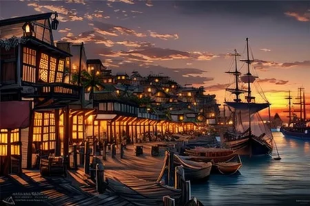 (masterpiece:1.2), (best quality,:1.2), 8k, HDR, ultra detailed, ((photorealistic)), perfect anatomy, professional light, cinematic lighting, fashion photography, ambient lighting, pire, ships, pier, outside a tavern over looking a busy harbor in the caribbean, sunset,