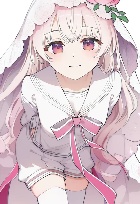masterpiece,best quality,newest,very aesthetic,absurdres,highres,newest,year 2024,year 2023,year 2022,
artist:konya_karasue,artist:hoji(hooooooooji1029),michiking,artist:ningen_mame,mignon,[artist:kani_biimu],artist:ogipote,artist:sy4,noyu_(noyu23386566),
closed smile,leaning forward,hands behind back,looking at viewer,thigh highs,
<lora:zero_hikari:1>,zero hikari \(arcaea\),1girl,long hair,veil,pink eyes,bare legs,hair flower,bowtie,school uniform,sailor collar,bow,shirt,white hair,