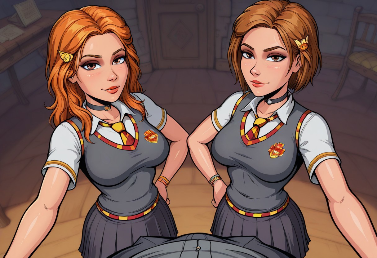 masterpiece, high quality, BREAK, pov, dynamic angle, 
BREAK,2girls, hermgiw, brown hair, brown eyes, gryffindor school uniform, blouse, vest, tie, pleated skirt,
BREAK,2girls, ginnywiw, orange hair, brown eyes, hair ornament, gryffindor school uniform, blouse, vest, tie, pleated skirt, choker, bracelet,