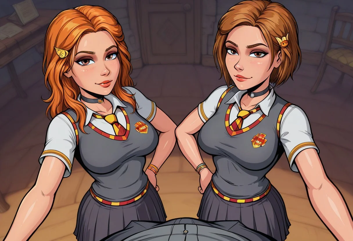 masterpiece, high quality, BREAK, pov, dynamic angle,
BREAK,2girls, hermgiw, brown hair, brown eyes, gryffindor school uniform, blouse, vest, tie, pleated skirt,
BREAK,2girls, ginnywiw, orange hair, brown eyes, hair ornament, gryffindor school uniform, blouse, vest, tie, pleated skirt, choker, bracelet,