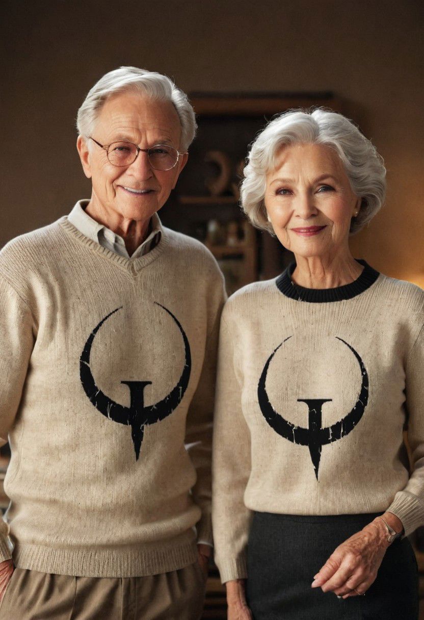 happy elderly couple in beige knitted sweater with black quake icon, quake icon,  smiling to camera infront of classic desktop pc, text="quake is forever"
 very detailed, atmospheric haze, Film grain, cinematic film still, shallow depth of field, highly detailed, high budget, cinemascope, moody, epic, OverallDetail, gorgeous, 2000s vintage RAW photo, photorealistic, candid camera, color graded cinematic, eye catchlights, atmospheric lighting, skin pores, imperfections, natural, shallow dof