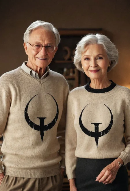 happy elderly couple in beige knitted sweater with black quake icon, quake icon,  smiling to camera infront of classic desktop pc, text="quake is forever"
 very detailed, atmospheric haze, Film grain, cinematic film still, shallow depth of field, highly detailed, high budget, cinemascope, moody, epic, OverallDetail, gorgeous, 2000s vintage RAW photo, photorealistic, candid camera, color graded cinematic, eye catchlights, atmospheric lighting, skin pores, imperfections, natural, shallow dof
