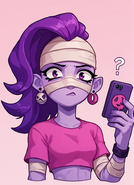 score_9, score_8_up, score_7_up, <lora:bsemz:1>bsemz , 1 girl , purple skin , bandages ,Earrings , purple hair, skirt ,cropped shirt , pink shirt , <lora:PossumMachine:1>posmach , confused , (????:1.1) , , looking at viewer, Phone in hand