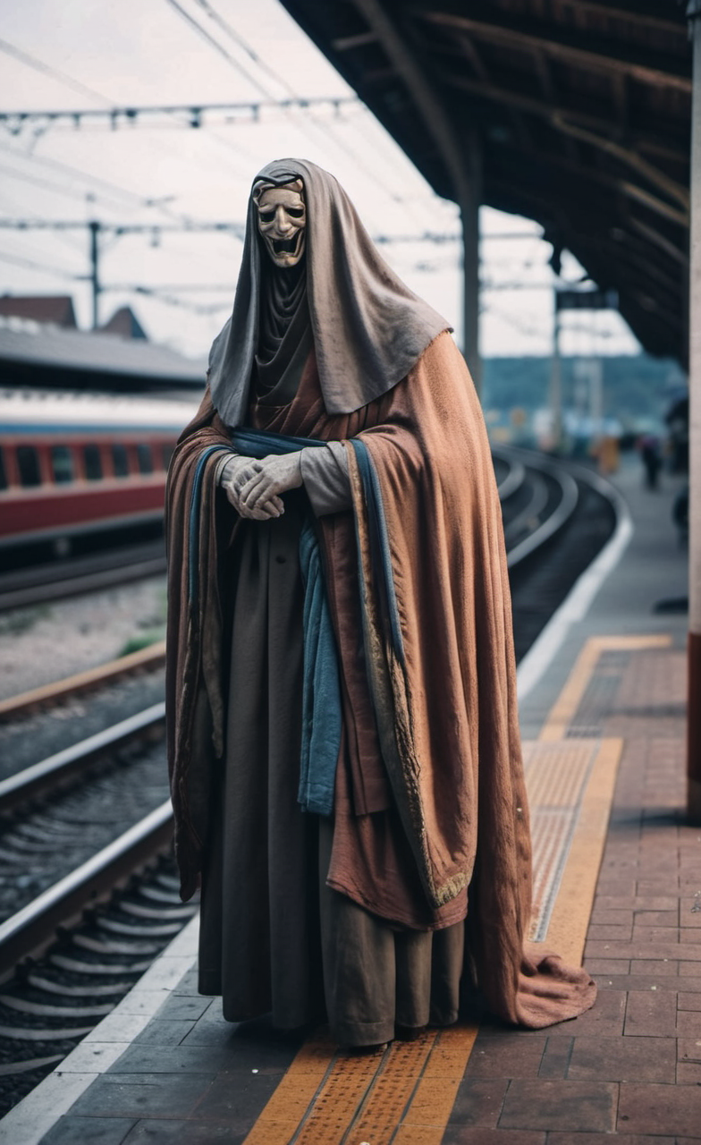 <lora:monk-000004:0.75>,crptedmonk,man waiting for a train on a train station