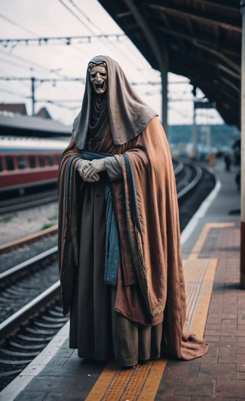 <lora:monk-000004:0.75>,crptedmonk,man waiting for a train on a train station