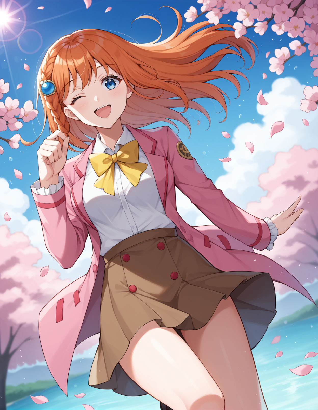 score_9, score_8_up, score_7_up, source_anime, rating_explicit, BREAK <lora:matsuri_XL-Pony_LoRA-C3Lier_16-16-8-8_AdamW_Un3e-4_Te1.5e-4_10batch:1>, hibino matsuri, 1girl, blue eyes, long hair, orange hair, side braid, medium breasts, hair ornament, school uniform, white shirt, yellow bowtie, pink jacket, long sleeves, brown skirt, dutch angle, floating, hand up, smile, happy, open mouth, one eye closed, floating hair, wind, petals, falling petals, light particles, light rays, looking at viewer, facing viewer, cherry blossoms, blue sky, sunlight, lens flare