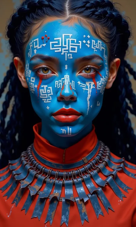 Close-up of a woman's face and upper torso, stylized and with a strong artistic rendering. 
Her skin is painted a deep, vibrant blue. Her face features intricate, white symbols and markings that cover her forehead, cheeks, and nose bridge, resembling ancient writing or glyphs.
Her eyes are a striking red, and her lips, a bold, blood-red shade. The braids that frame her face are dark, almost black, and closely woven. A layered necklace of dark, metallic or intricately textured pieces encircles her neck.  It is composed of multiple strips and pendants.  These pieces are a dark, reddish-brown color. 
Underneath the necklace, a red cloth or piece of clothing is visible, which provides a strong contrast against the blue face paint. The tones and artistic style give a strong thematic or conceptual connection to ancient civilizations or fantasy cultures.
<lora:FLUX-daubrez-DB4RZ-v2:1> DB4RZ, DB4RZ style painting