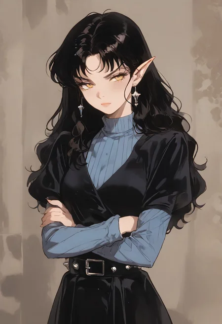 (score_9, score_8_up, score_7_up), source_anime, anime, male, horny, elf, long black hair, deep yellow eyes, classic black vintage outfit, smirk, waist-high, wavy hair, dark background, thick hair, handsome,