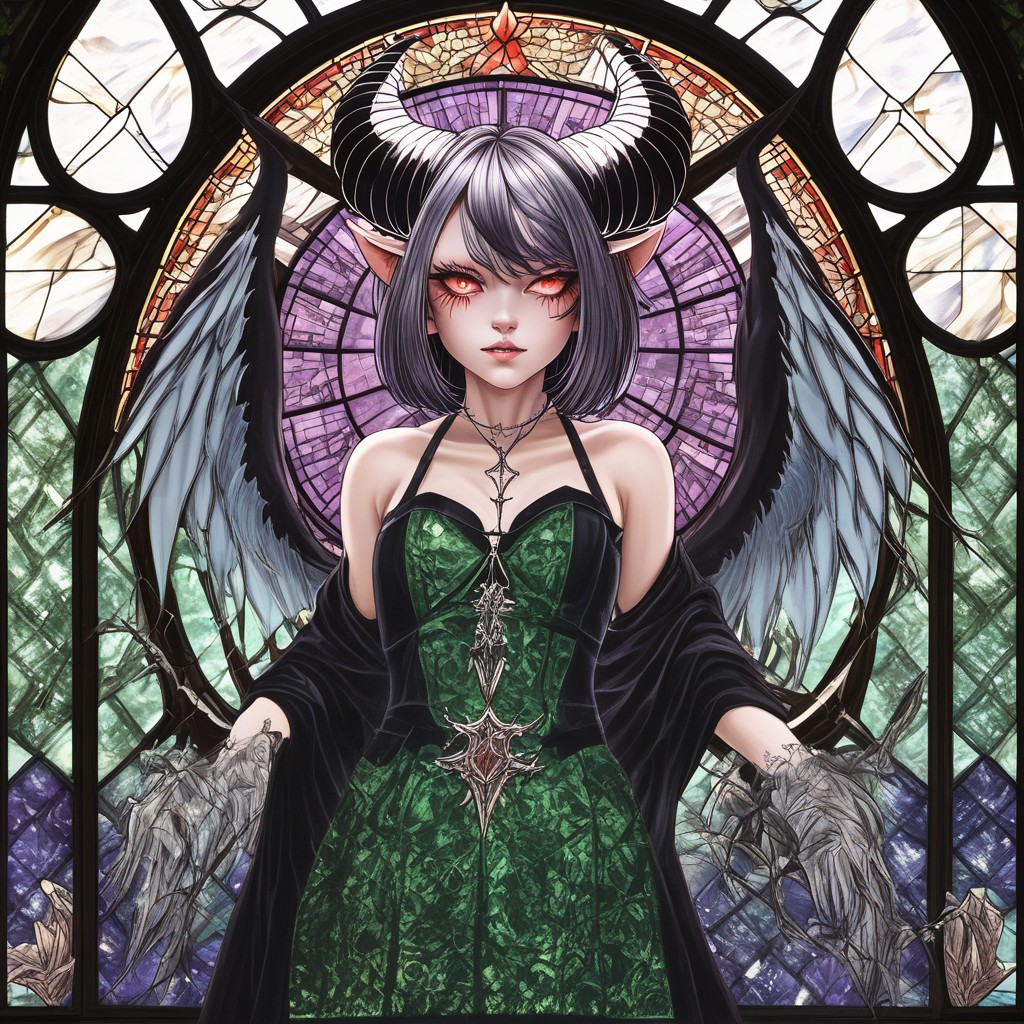 score_9, score_8_up, score_7_up, detailed background, curvy, goth girl, goat demon, magic spells, tattoos, scars, black hair red streak, cathedral stained glass windows, wings, luminous green eyes luisap, eyes, cleavage